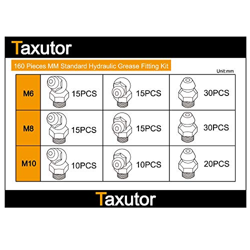 Taxutor 160-Pieces MM Metric Hydraulic Zerk Grease Fitting Assortment Set Kit - M6 M8 M10 Straight, 45 Degree, 90 Degree Angled Grease Zerk Fittings - Image 5