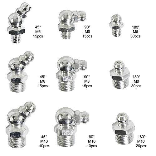 Taxutor 160-Pieces MM Metric Hydraulic Zerk Grease Fitting Assortment Set Kit - M6 M8 M10 Straight, 45 Degree, 90 Degree Angled Grease Zerk Fittings - Image 3