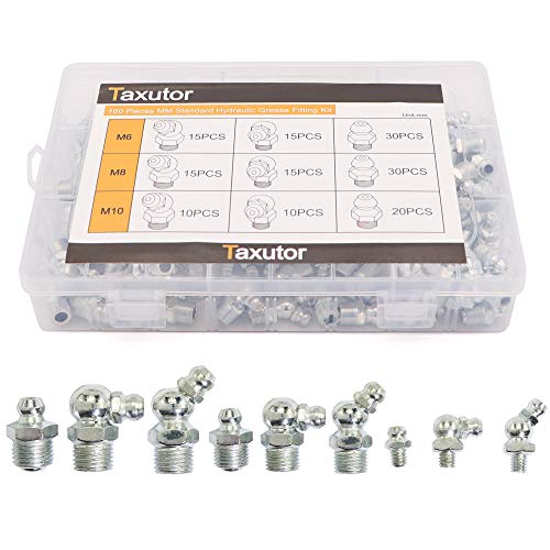 Taxutor 160-Pieces MM Metric Hydraulic Zerk Grease Fitting Assortment Set Kit - M6 M8 M10 Straight, 45 Degree, 90 Degree Angled Grease Zerk Fittings - Image 1