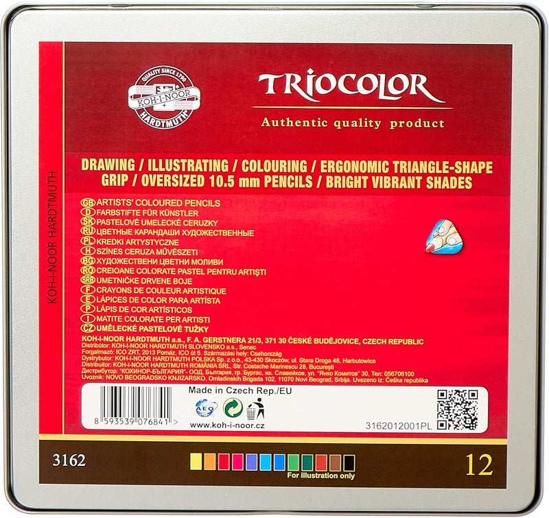 KOH-I-NOOR Triocolor Artist's Quality Coloured Pencils - Set of 12 Assorted Colours in Tin Box - Image 2