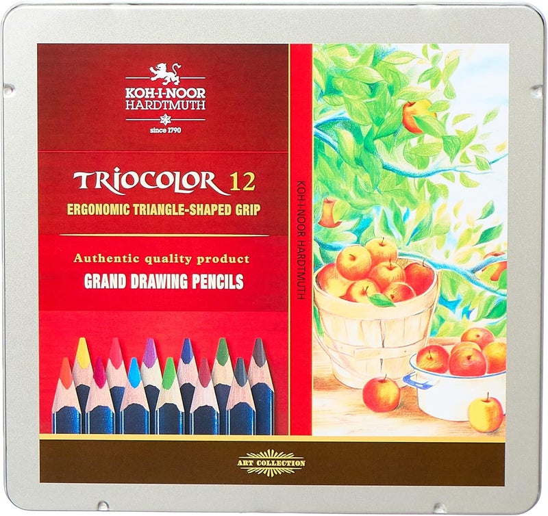 KOH-I-NOOR Triocolor Artist's Quality Coloured Pencils - Set of 12 Assorted Colours in Tin Box - Image 1