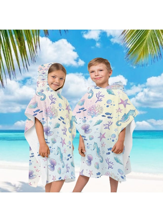 Macaron Light Color Seahorse Starfish Shell Coral Printed Kids Hooded Quick Dry Poncho Towel, Polyester Soft Water Absorbent Windproof Bath Robe for Boys Girls, Loose Cover Up for Beach, Swimming Pool, Hot Spring and Daily Bath - Image 2