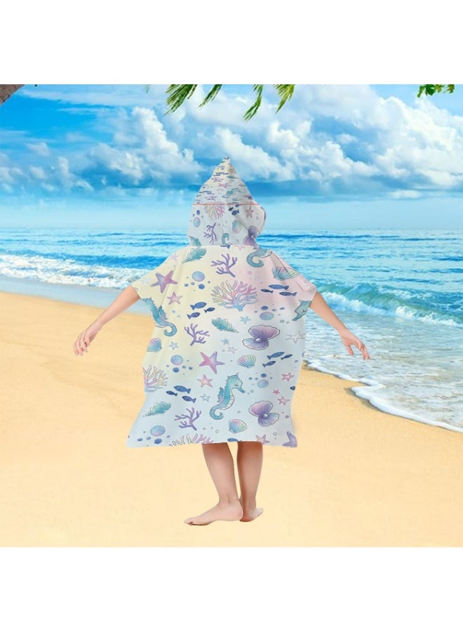 Macaron Light Color Seahorse Starfish Shell Coral Printed Kids Hooded Quick Dry Poncho Towel, Polyester Soft Water Absorbent Windproof Bath Robe for Boys Girls, Loose Cover Up for Beach, Swimming Pool, Hot Spring and Daily Bath - Image 5