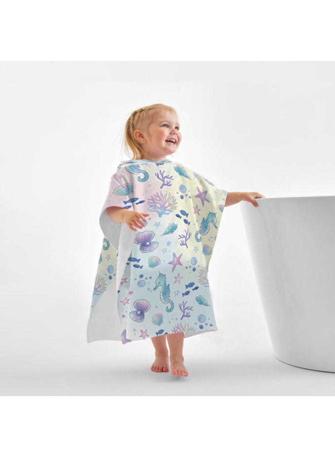 Macaron Light Color Seahorse Starfish Shell Coral Printed Kids Hooded Quick Dry Poncho Towel, Polyester Soft Water Absorbent Windproof Bath Robe for Boys Girls, Loose Cover Up for Beach, Swimming Pool, Hot Spring and Daily Bath - Image 1