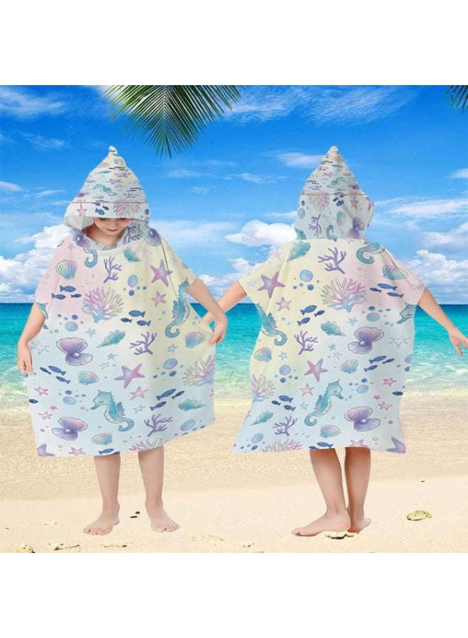 Macaron Light Color Seahorse Starfish Shell Coral Printed Kids Hooded Quick Dry Poncho Towel, Polyester Soft Water Absorbent Windproof Bath Robe for Boys Girls, Loose Cover Up for Beach, Swimming Pool, Hot Spring and Daily Bath - Image 3