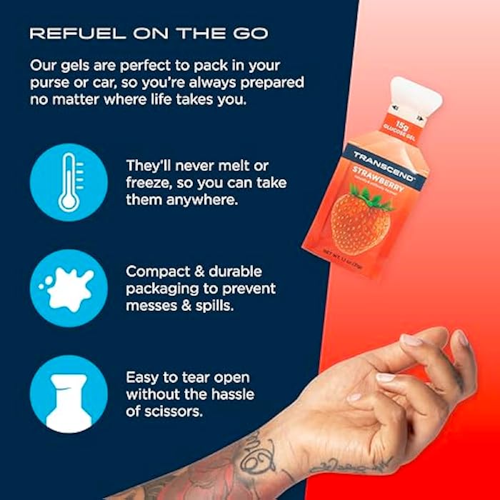 Transcend Foods Strawberry Gel (1.1 oz, Pack of 10) Fast-Acting Carb Gel Strawberry Flavor – Caffeine Free, Gluten Free - Image 5