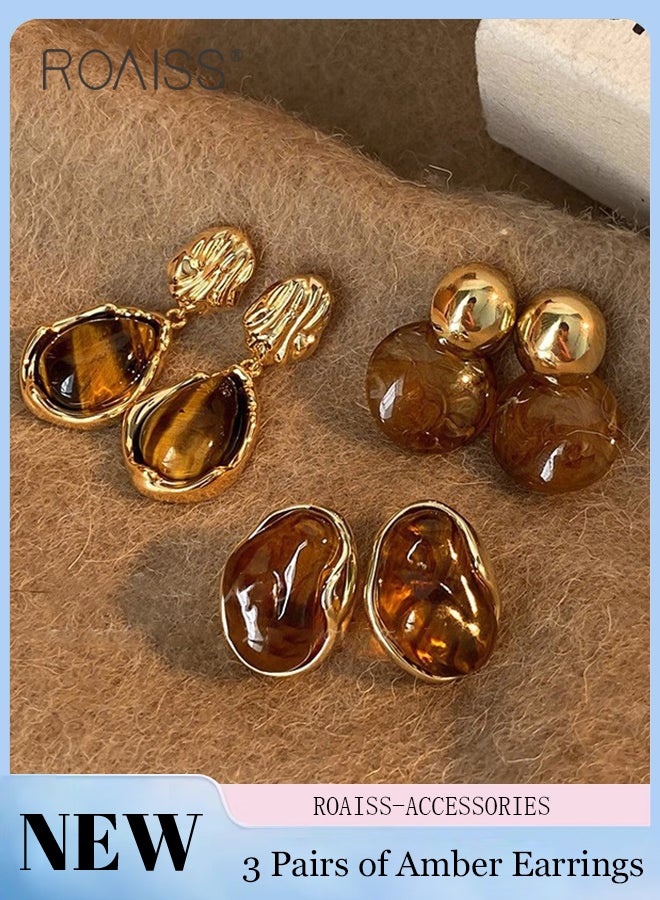 roaiss 3 Pairs of Elegant Amber Alloy Stud Earrings, Vintage Brown Geometric Asymmetrical Earrings, Suitable for Daily Wear, Parties, Events and Festivals - Image 1