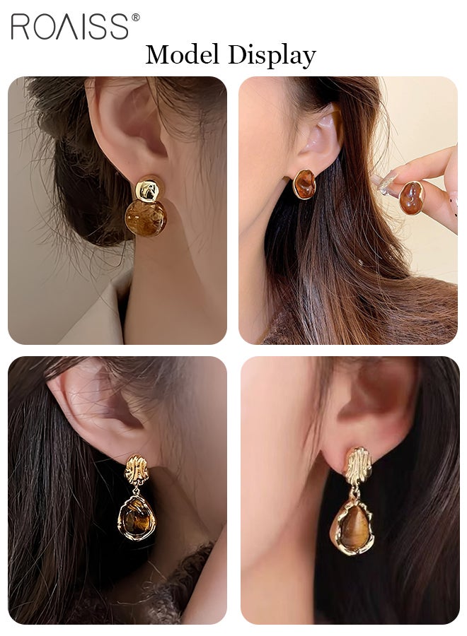 roaiss 3 Pairs of Elegant Amber Alloy Stud Earrings, Vintage Brown Geometric Asymmetrical Earrings, Suitable for Daily Wear, Parties, Events and Festivals - Image 5
