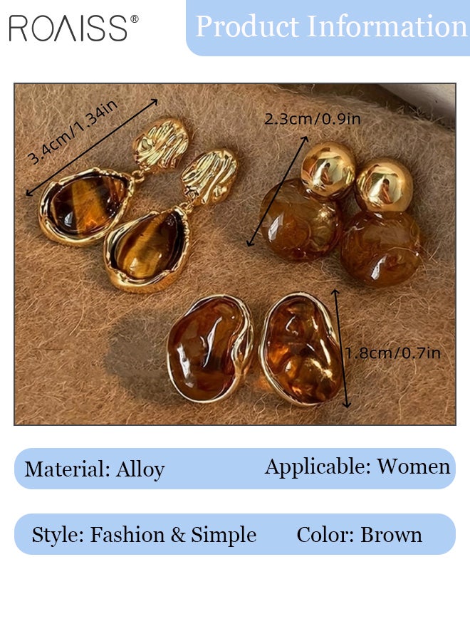 roaiss 3 Pairs of Elegant Amber Alloy Stud Earrings, Vintage Brown Geometric Asymmetrical Earrings, Suitable for Daily Wear, Parties, Events and Festivals - Image 4