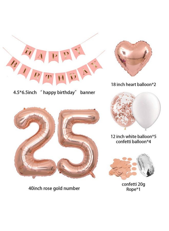 EASUTE Birthday Decorations Happy Birthday Banner 40Inch Rose Gold Number 25 Balloons Rose Gold Confetti Balloons 1" In Diameter Heart Confetti For 25Th Birthday Party Supplies Photo Props (Rose Gold 25) - Image 2