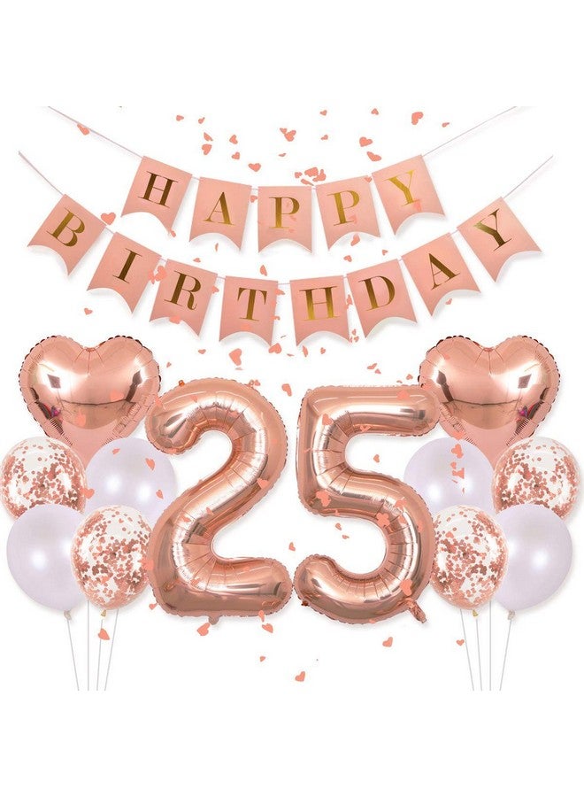 EASUTE Birthday Decorations Happy Birthday Banner 40Inch Rose Gold Number 25 Balloons Rose Gold Confetti Balloons 1" In Diameter Heart Confetti For 25Th Birthday Party Supplies Photo Props (Rose Gold 25) - Image 1