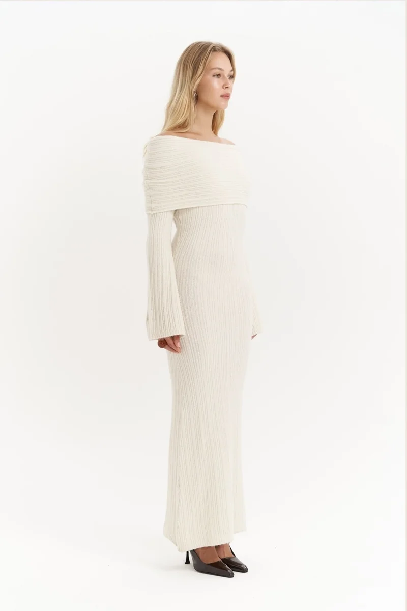 Mai Collection Valencia Carmen Collar Ecru Long Knit Dress