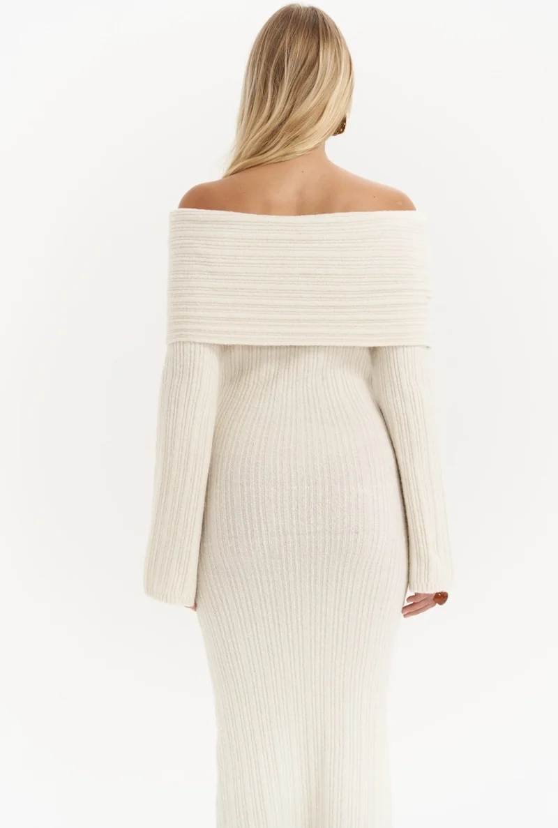 Mai Collection Valencia Carmen Collar Ecru Long Knit Dress