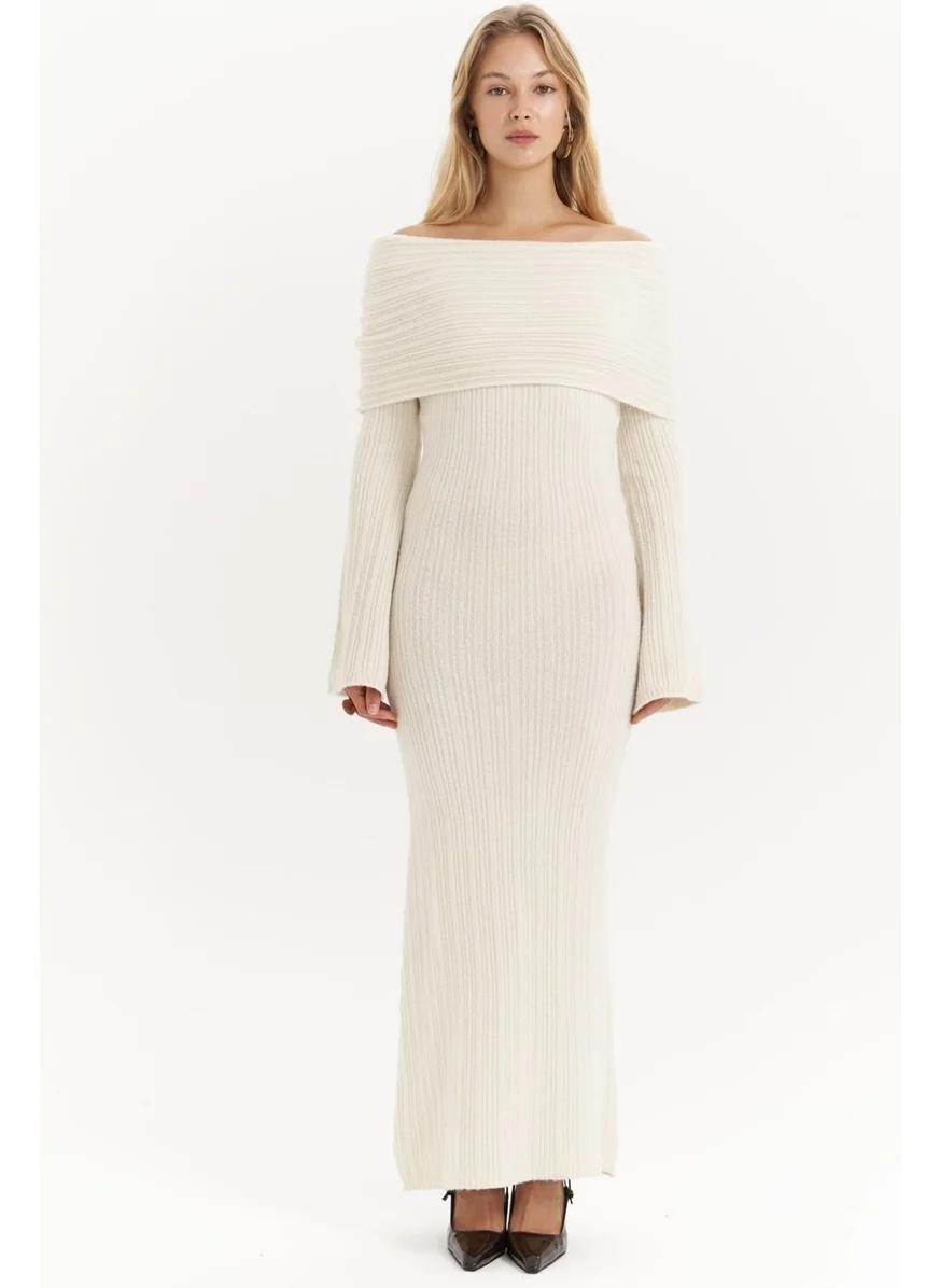 Mai Collection Valencia Carmen Collar Ecru Long Knit Dress