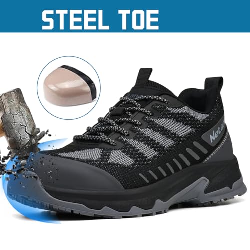 Netanac Steel Toe Shoes for Men,Lightweight Breathable Anti-Odor Safety Work Sneakers,Slip Resistant Durable Industrial Footwear,Size10.5 Grey - Image 3