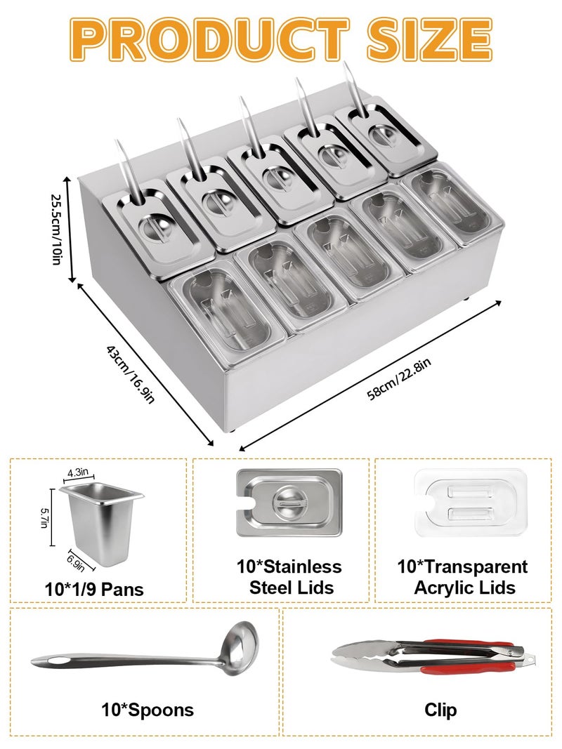 Lanstics Pizza Topping Station 10 Pans Pizza Storage Container Topping containers with Lids Spoon Condiment Organizers Buffet Containers Set for Restaurant Pizza Sauce Jam Fruit Ingredient - Image 2