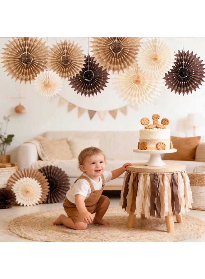 paper jazz 11 Pcs Brown Party Decorations Neutral Party Decorations Hollowed Out Honeycomb Round Paper Fans Rustic Birthday Wedding Graduation Party Supplies - Image 5