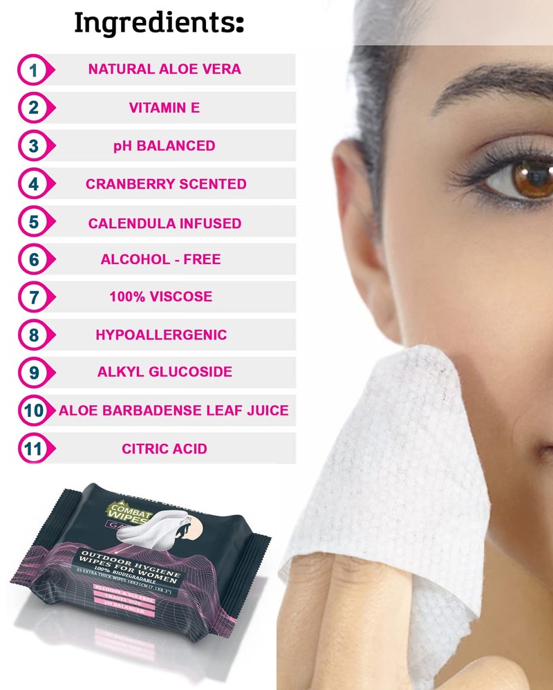 Combat Wipes Gaia - Feminine Hygiene Outdoor Wet Wipes - Extra Thick, Ultralight, Biodegradable, pH Balanced Body & Hand Cleansing Cloths for Women w/Aloe (1 Pack, 25 Wipes) - Image 3