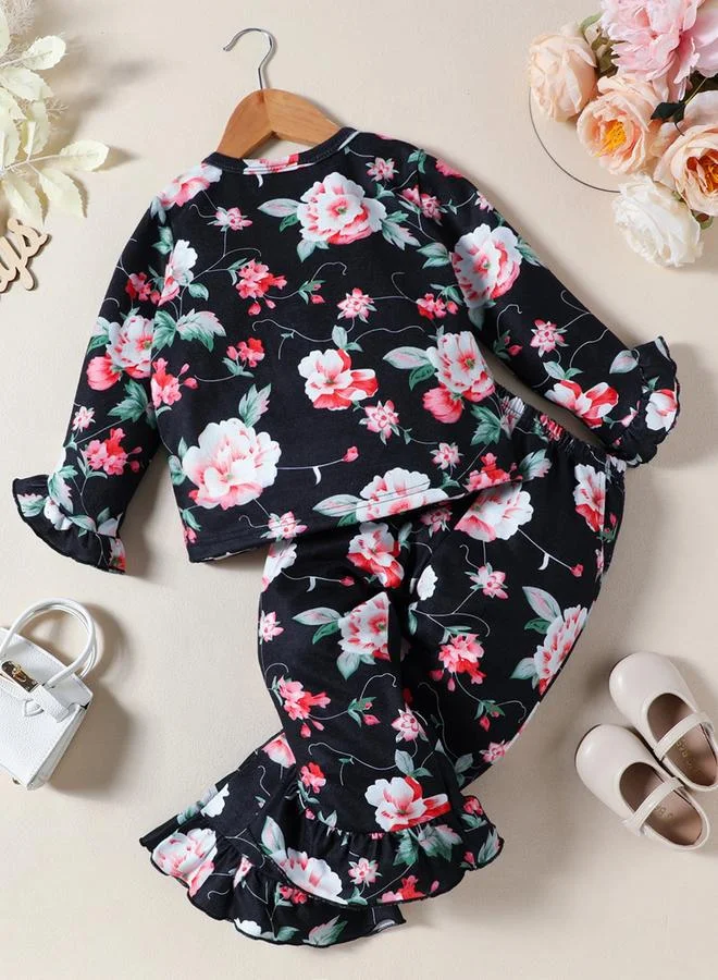 Take Two Floral Print Ruffle Hem Top with Long Pyjama Set