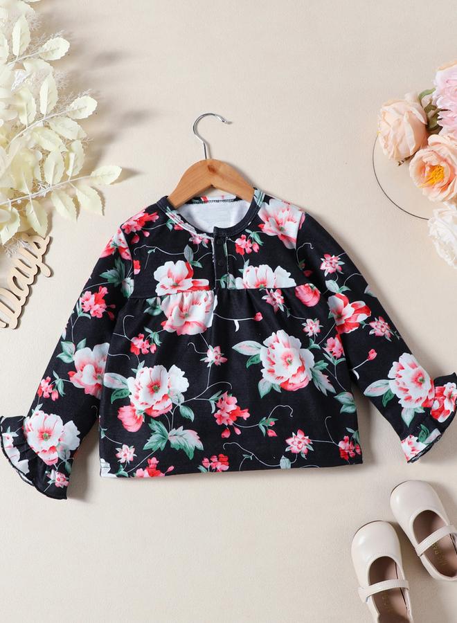 تايك تو طقم بلوزة مزينة بطبعة زهور وحافة كشكش مع بيجاما طويلة - Image 3