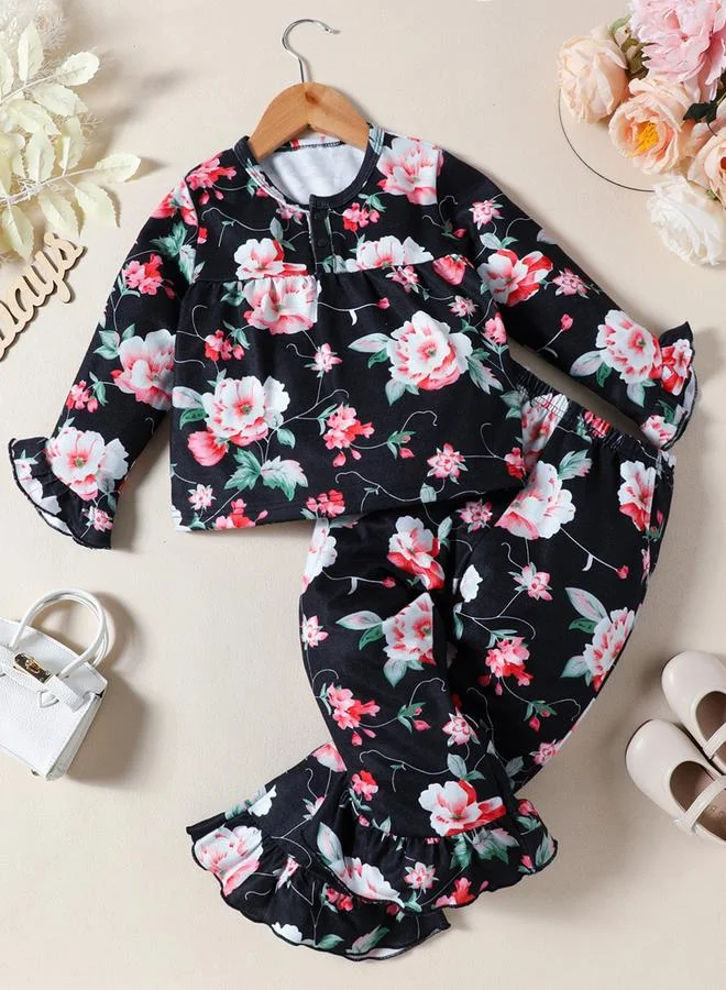 Take Two Floral Print Ruffle Hem Top with Long Pyjama Set
