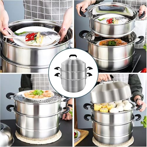 MANO Steamer Pot for Cooking 14.2 inch Steam Pots with Lid 2-tier Stainless Steel Steaming Pot Multipurpose Cookware with Handle for Vegetable, Dumpling, Stock, Sauce, Food… - Image 5