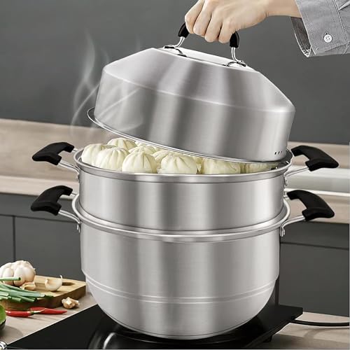 MANO Steamer Pot for Cooking 14.2 inch Steam Pots with Lid 2-tier Stainless Steel Steaming Pot Multipurpose Cookware with Handle for Vegetable, Dumpling, Stock, Sauce, Food… - Image 1