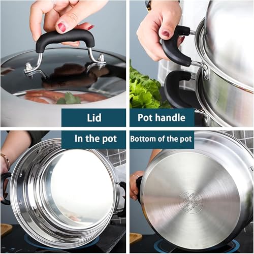 MANO Steamer Pot for Cooking 14.2 inch Steam Pots with Lid 2-tier Stainless Steel Steaming Pot Multipurpose Cookware with Handle for Vegetable, Dumpling, Stock, Sauce, Food… - Image 4