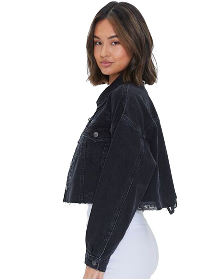 FOREVER 21 Basic Cropped Frayed Denim Jacket - Image 3