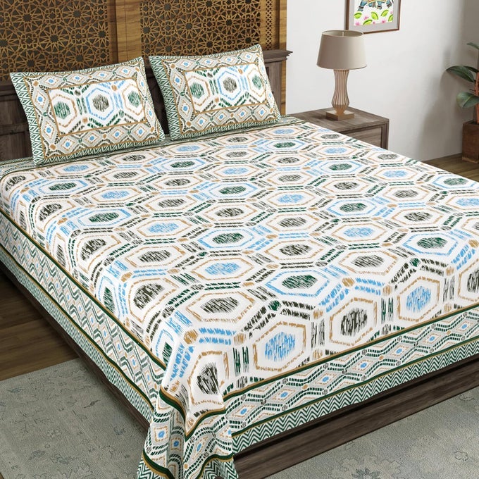 HAND BLOCK PRINT COTTON KING SIZE BEDSHEET 90 X 108 INCH GREEN IKAT