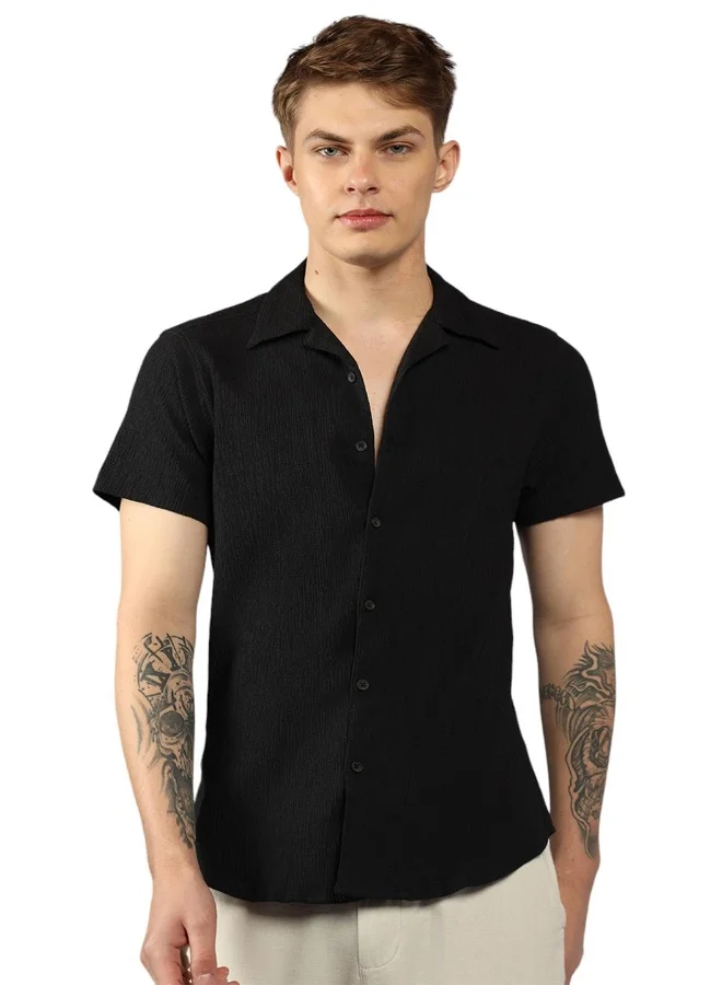 Dennis Lingo Relaxed Fit Solid Pattern Collared Neck Half Sleeve Black Lycra Shirt for Men