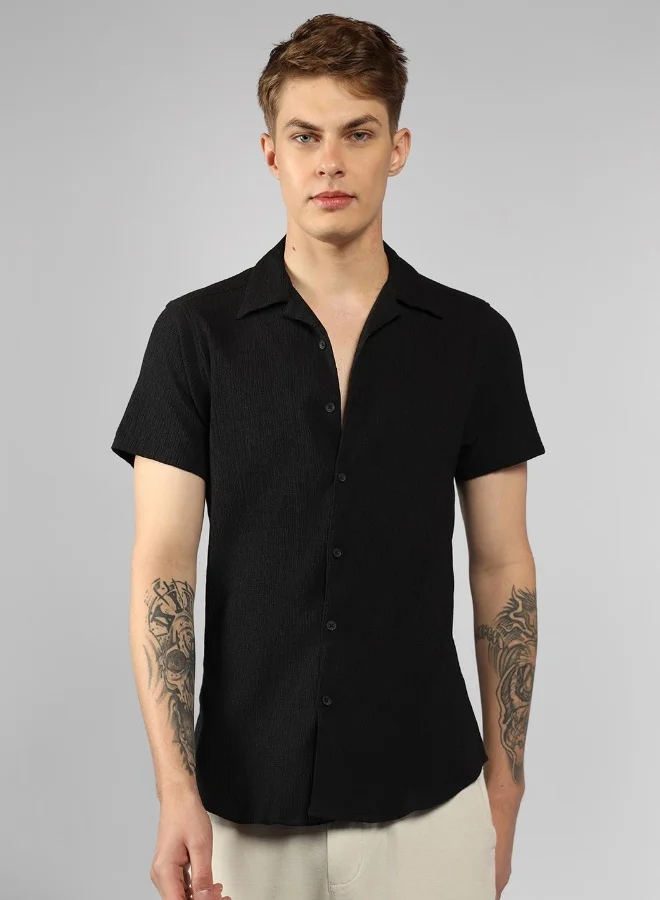Dennis Lingo Relaxed Fit Solid Pattern Collared Neck Half Sleeve Black Lycra Shirt for Men