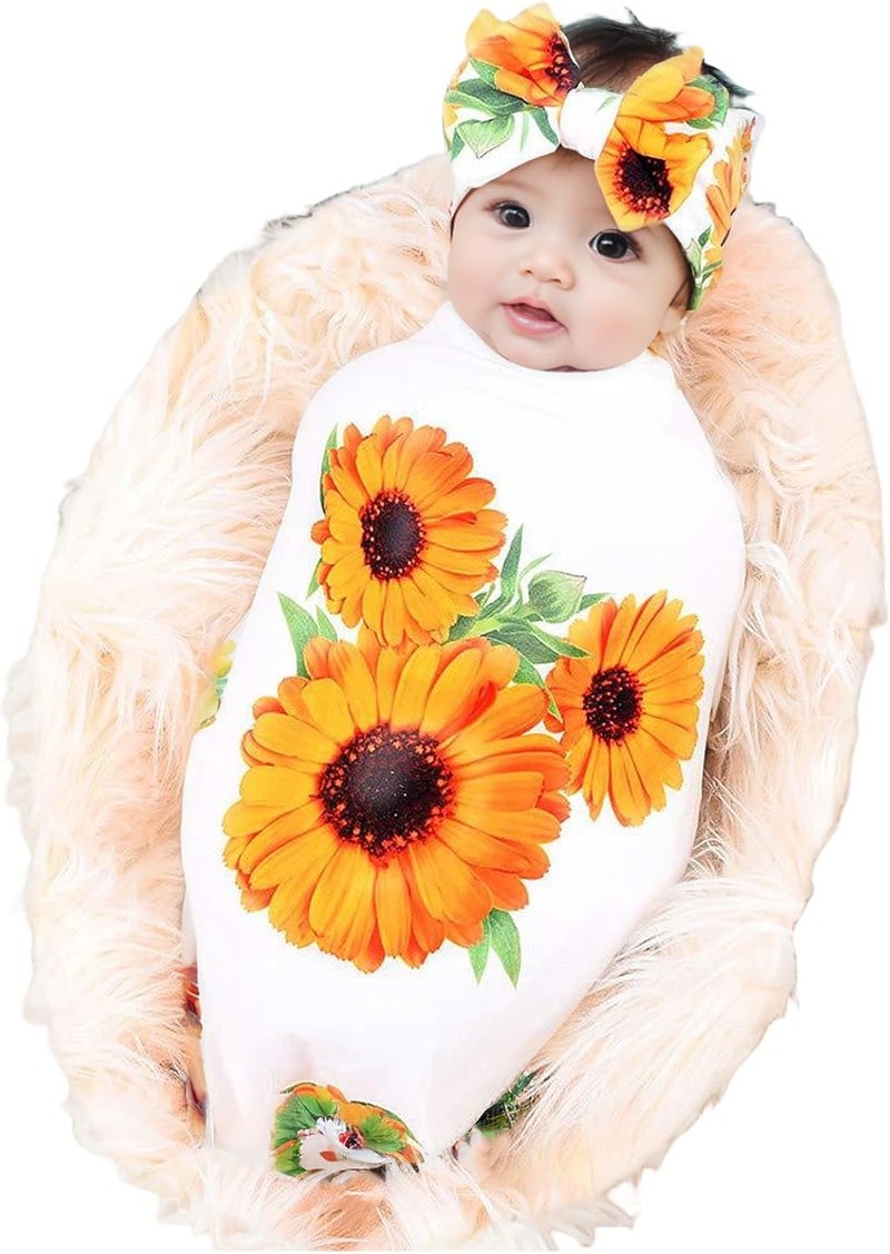 Galabloomer Newborn Receiving Blanket Headband Set Baby Flower Rose Swaddle with Big Bow (White Sunflower) - Image 1
