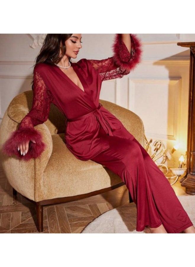 MHD New Style Spliced Lace V-neck Pajamas Robe Set Light Luxury Warm Lace - Image 5