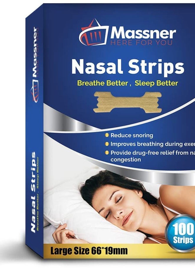MASSNER - Nasal Strips for Sleeping, Large 100 Pack - Perfect Nose Strips for Breathing and Snoring Solution - Best Anti Snoring Strips for Stuffy Nose Relief, Congestion and Right Breathe - Image 1