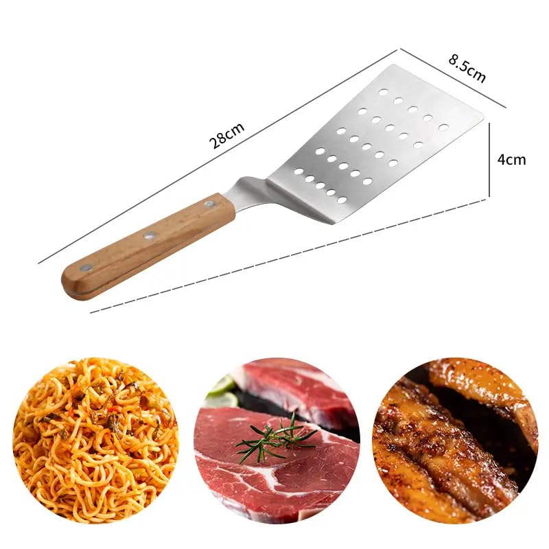 Kreshu Professional Kitchen Steak Frying Shovel Cooking Turner Spatula Flat With Wooden Handle| Multi-Function Stainless Steel Griddle Turner For Grilling Flipping Cooking Pancake Hamburger(Pack Of 1) - Image 2