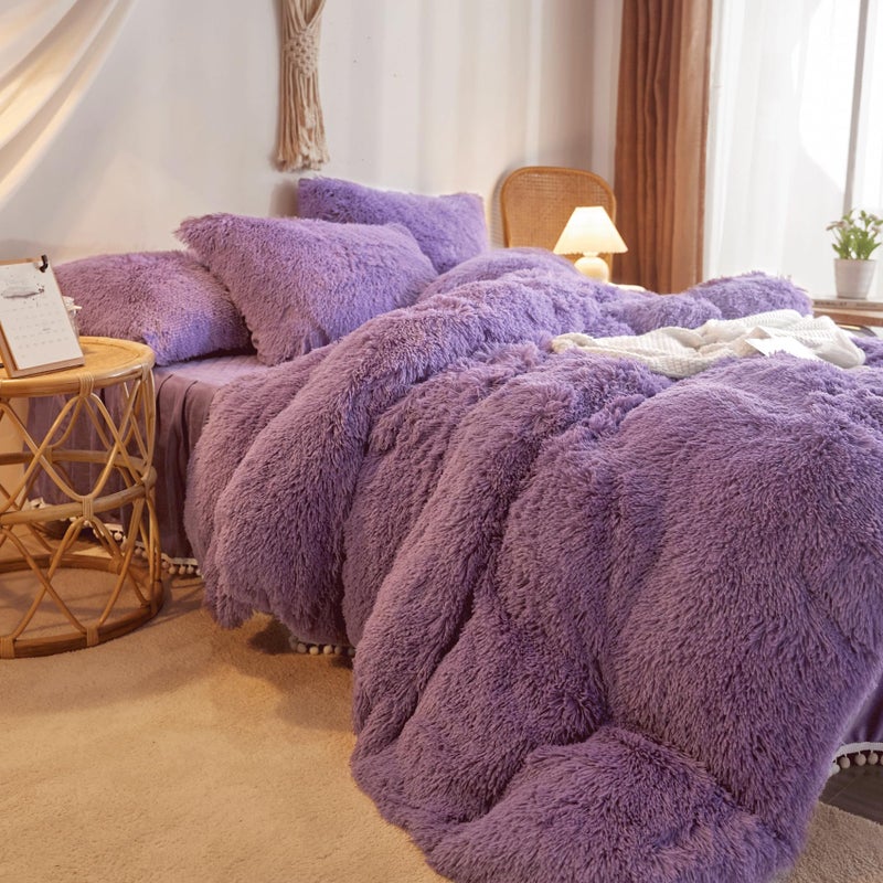HAIHUA Shaggy Purple Comforter Cover Twin Set, Faux Fur Purple Girls Twin Bedding Set 2 Pieces (1 Fuzzy Duvet Cover + 1 Fluffy Plush Pillow Cases) Girls Plush Bed Set, Fluffy Bed Set, Zipper Closure - Image 5