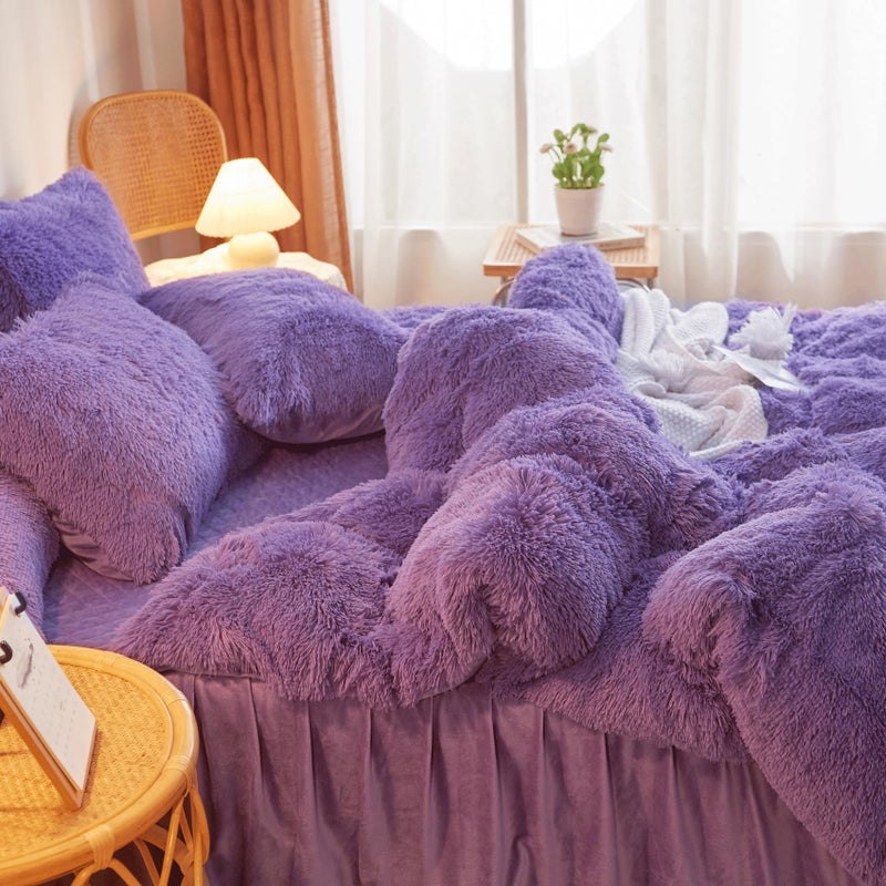 HAIHUA Shaggy Purple Comforter Cover Twin Set, Faux Fur Purple Girls Twin Bedding Set 2 Pieces (1 Fuzzy Duvet Cover + 1 Fluffy Plush Pillow Cases) Girls Plush Bed Set, Fluffy Bed Set, Zipper Closure - Image 4