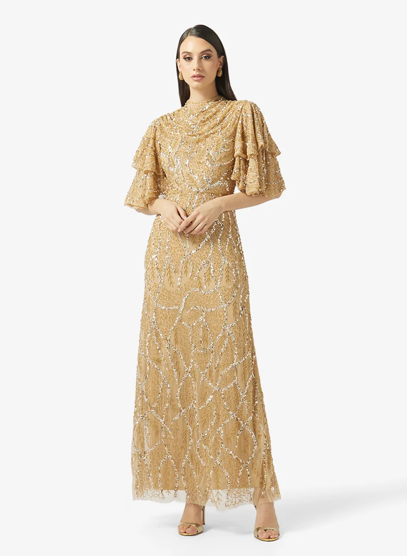 BEAUUT Embellished Layered Sleeve Sequin Maxi Dress