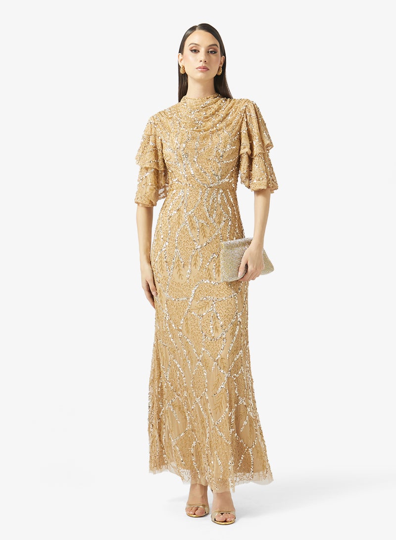 بيوت فستان ماكسي مزين بأكمام متعددة الطبقات وترتر - Image 4