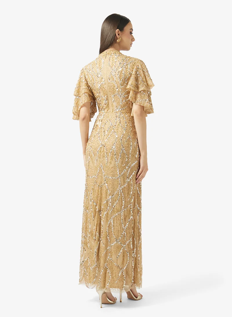 BEAUUT Embellished Layered Sleeve Sequin Maxi Dress