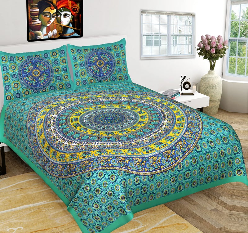 EarlyMart Cotton 180 TC Rajasthani Jaipuri Double Bed Bedsheet with 2 Pillow Covers (Jaipuri_021, Green, King Size, Pack of 1) - Image 1