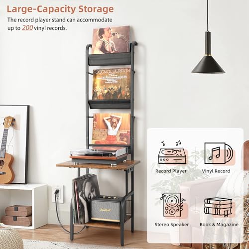 Tewinko Record Player Stand with Power Outlet, Record Player Table with Vinyl Record Storage up to 200 Albums, Turntable Stand with Record Holder Vinyl Display Shelf, Record Player Cabinet Organizer Rack - Image 2
