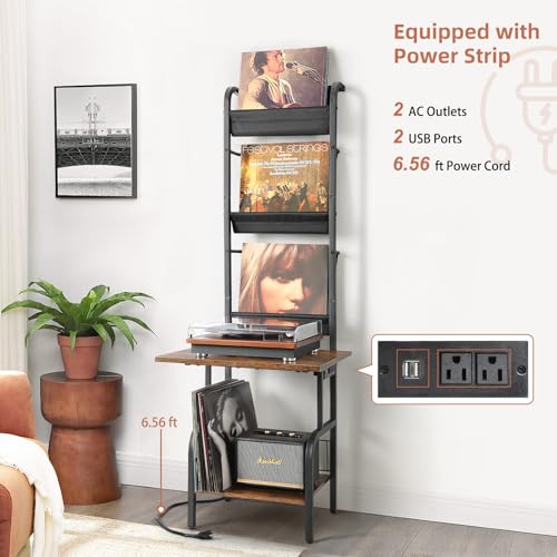 Tewinko Record Player Stand with Power Outlet, Record Player Table with Vinyl Record Storage up to 200 Albums, Turntable Stand with Record Holder Vinyl Display Shelf, Record Player Cabinet Organizer Rack - Image 4