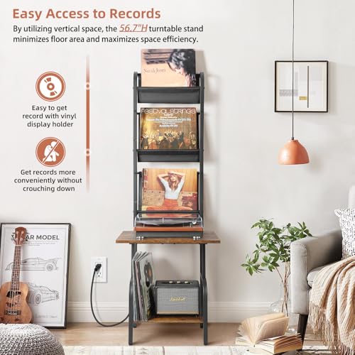Tewinko Record Player Stand with Power Outlet, Record Player Table with Vinyl Record Storage up to 200 Albums, Turntable Stand with Record Holder Vinyl Display Shelf, Record Player Cabinet Organizer Rack - Image 3