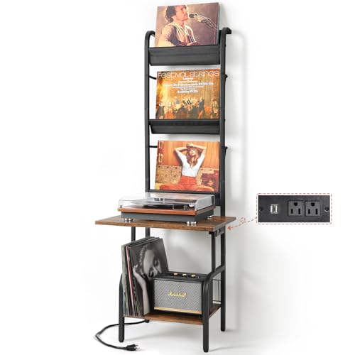 Tewinko Record Player Stand with Power Outlet, Record Player Table with Vinyl Record Storage up to 200 Albums, Turntable Stand with Record Holder Vinyl Display Shelf, Record Player Cabinet Organizer Rack - Image 1