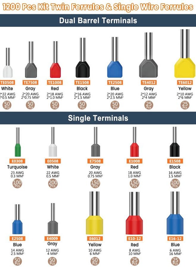 Lytool Ferrule Crimping Tool Kit, Square Wire Ferrule Crimper Plier AWG 28-5, Wire Ferrule Kit with Ratchet Crimper Pliers and 1200 PCS Single & Dual Ferrule Connectors Wire Ferrules Terminals Kit - Image 5