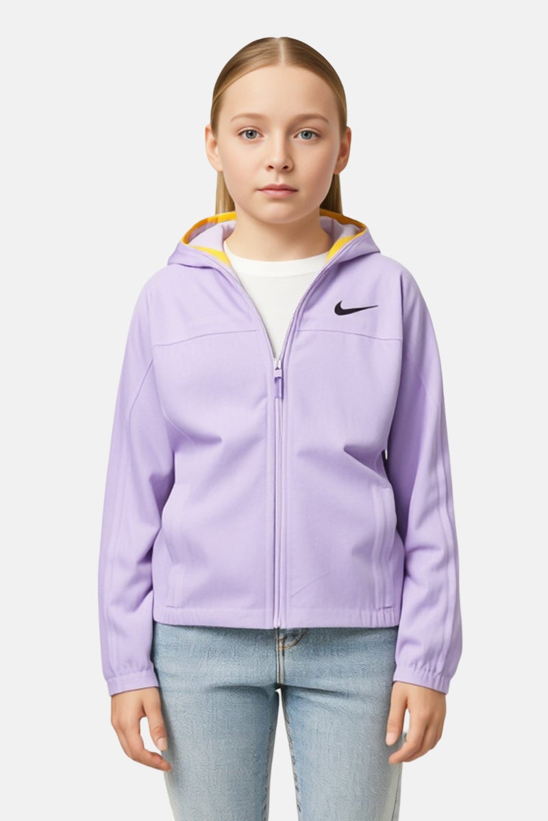 Nike Kids Girl Brand Logo Hooded Windbreaker Running Jacket, Lilac - Image 1