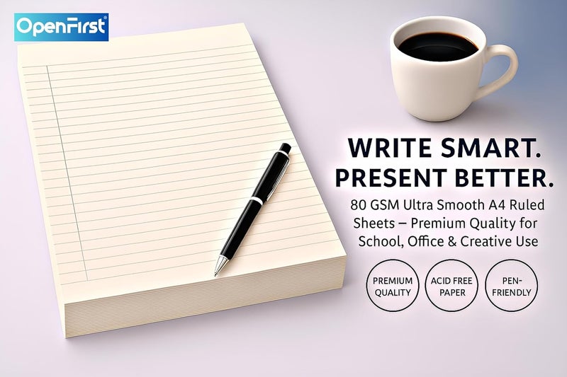OPENFIRST ® A4 Royal Cream Ruled Assignment Sheets – 80 GSM Premium Ultra Smooth Paper | Single Side Ruled | Ideal for School, Office, Notes, Projects & more (Pack of 100) - Image 2