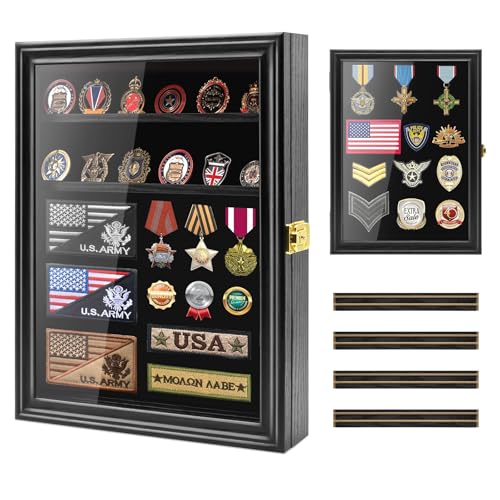 PiaoHao Challenge Coin Display Case Lockable Military Coin Holder Shadow Box with Removable Shelves Wall Mounted Medal Pin Cabinet with UV Protection Acrylic DoorBlack - Image 1